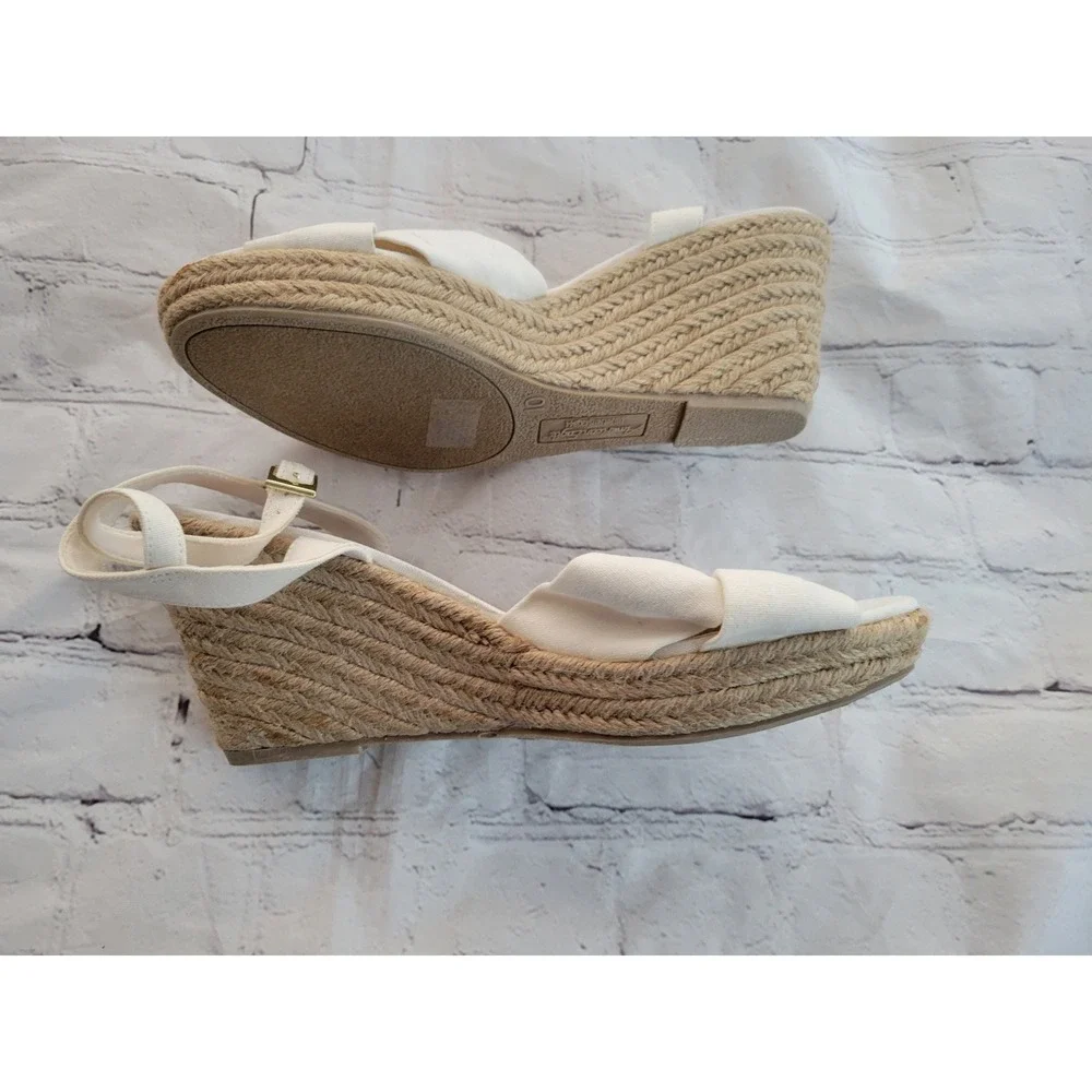 American Eagle Women Cream Canvas Bow Espadrille Wedge Sandals Size 10